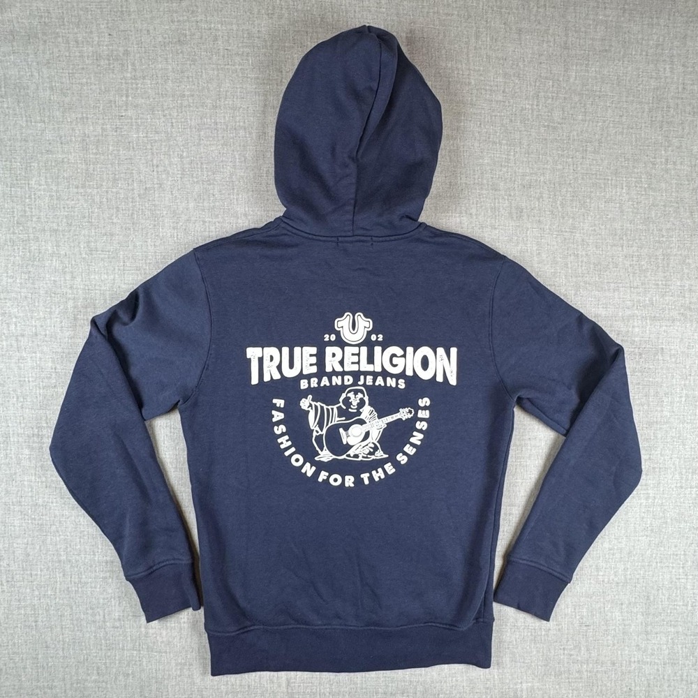 True Religion Core Hoodie Mens Small Blue Full Zip Buddha Logo Sweatshirt Fleece - Picture 3 of 11